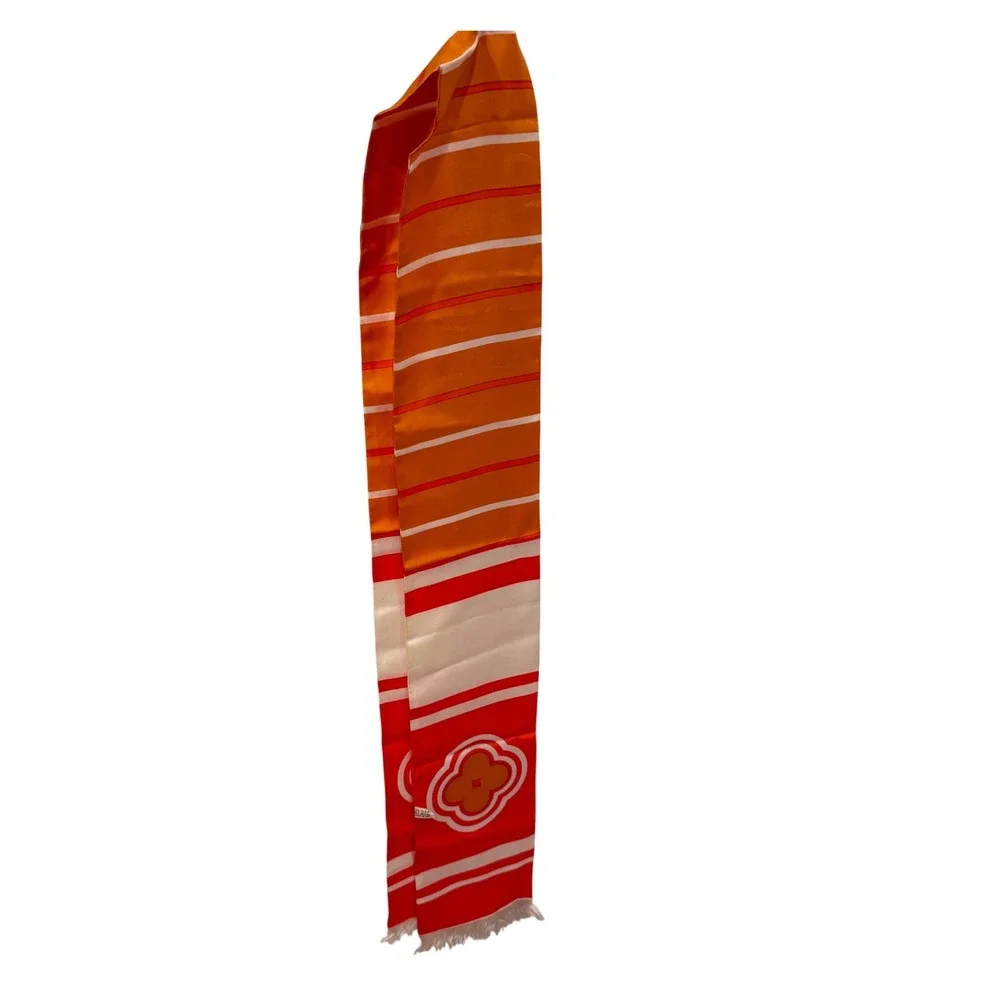 Vintage Japanese Obi Orange‎ Stripe Acetate Scarf with Floral Medallion 70x5.5